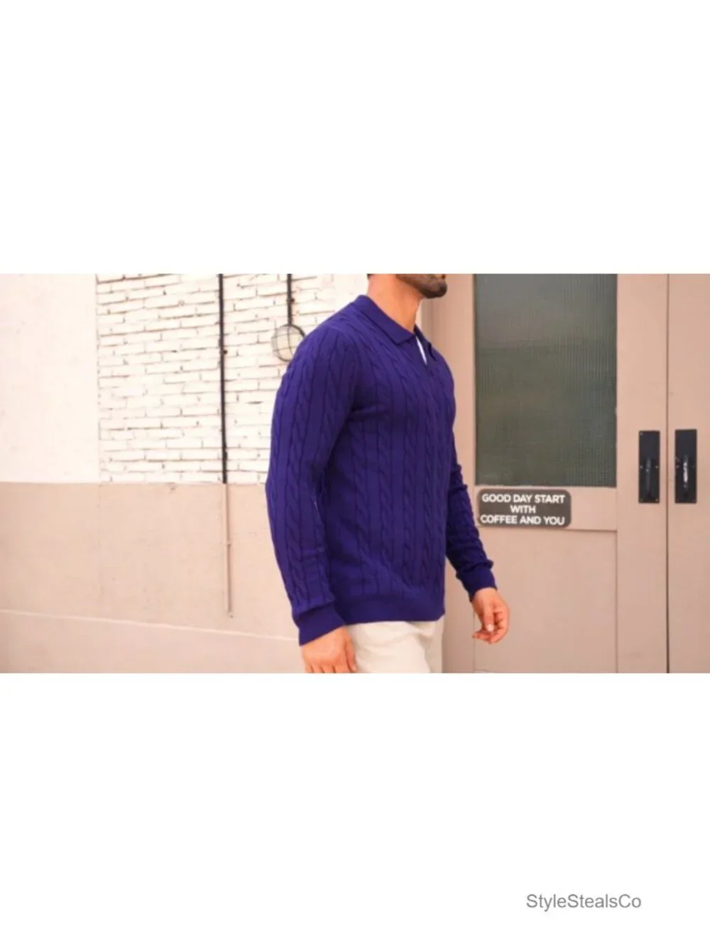 Men's Cable Knit Long Sleeve V-Neck Polo Sweater Regular Fit Pullover